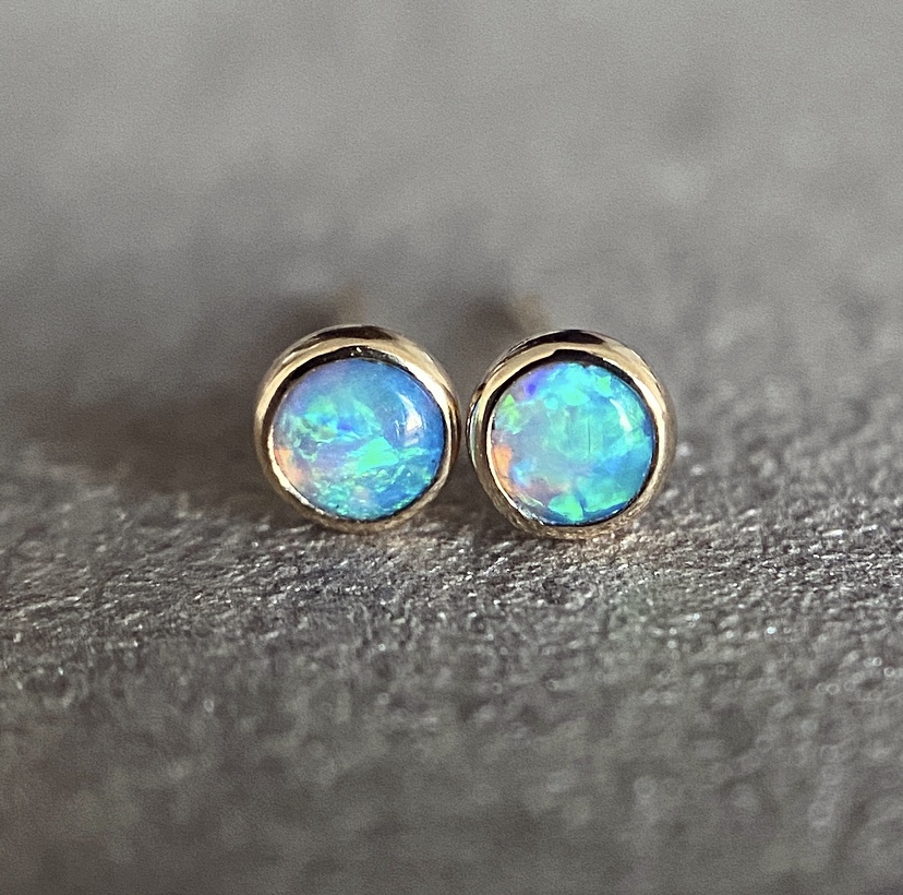 14K Yellow gold earrings with Australian crystal opals - JasmineJewelryShop