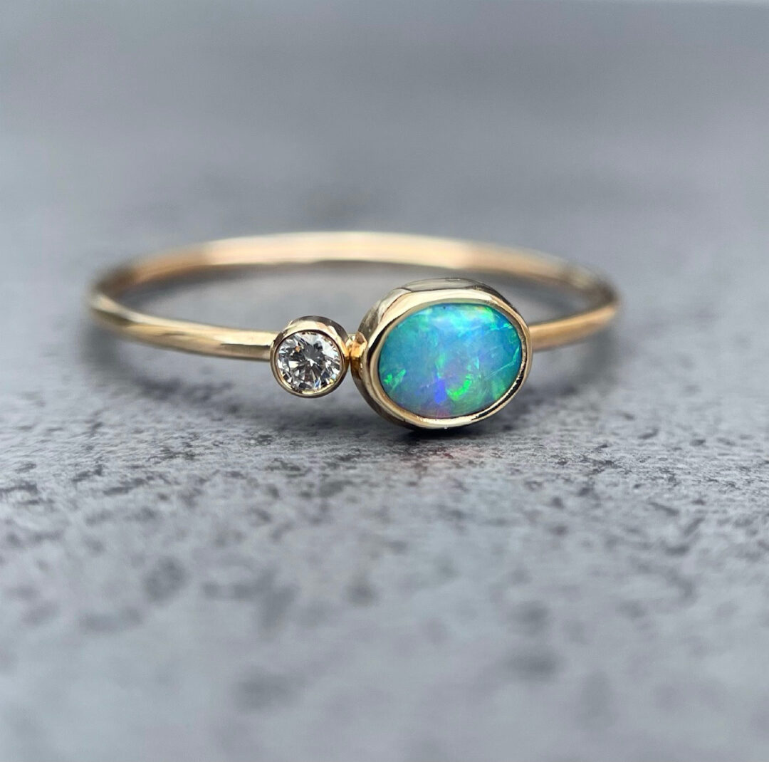 14K Yellow gold ring with Australian Opal and White or Champagne ...