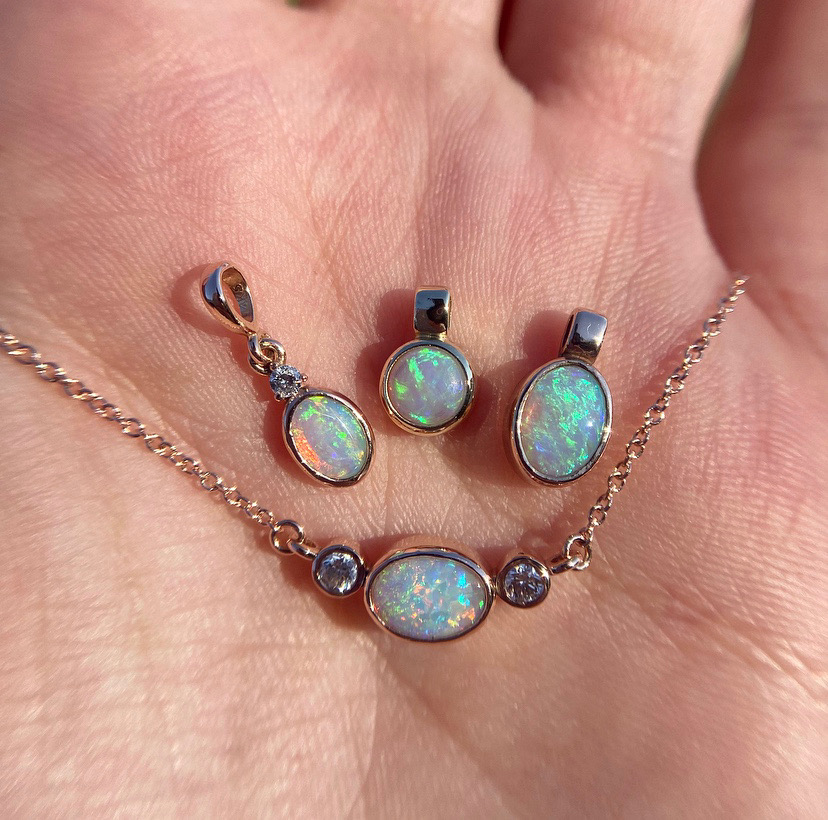 14K yellow or rose gold pendants with Australian crystal opal