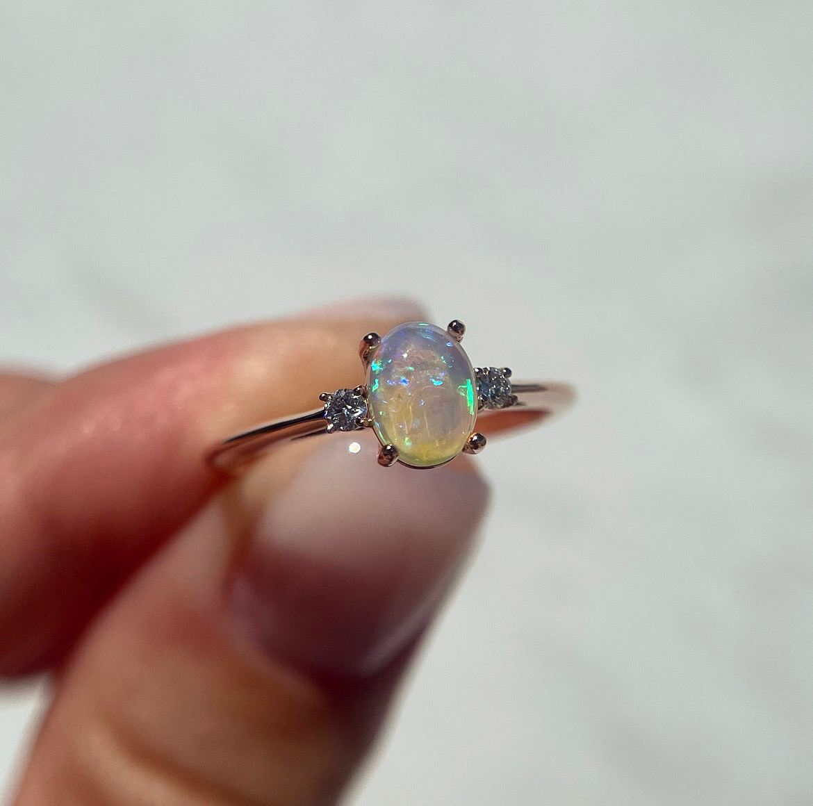 14K Rose gold ring with Australian Crystal Opal and White Diamonds SZ 7