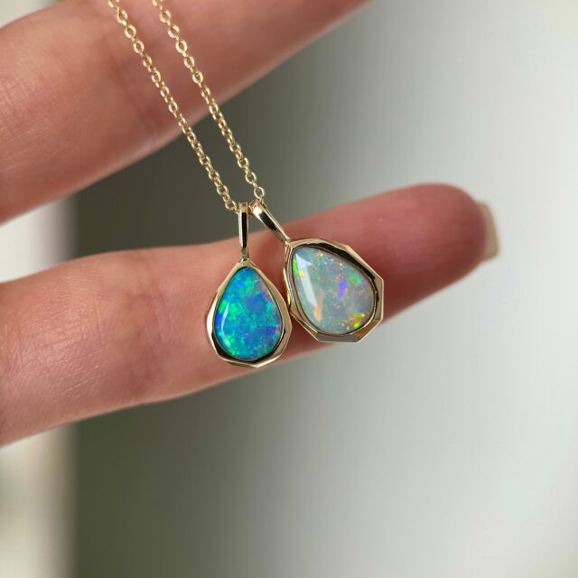 New ✨ Geometric Pendants ✨ Australian Crystal Opals set in 14K Yellow gold 
Available on our website