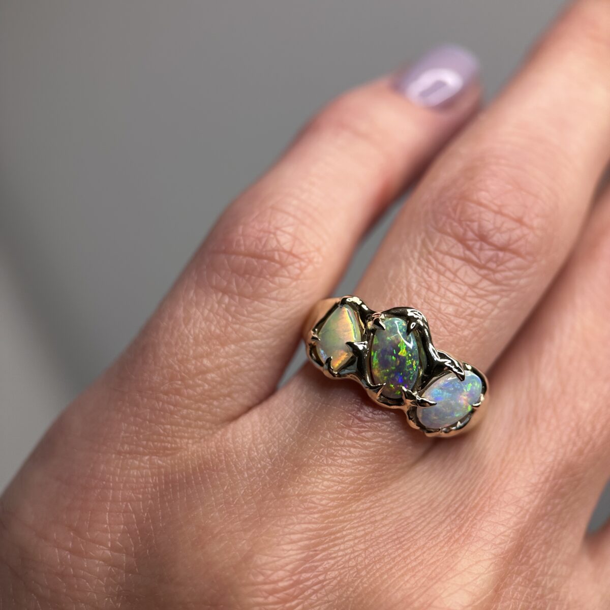 Molten gold ring with Australian Crystal and Dark Opals SZ 6.75 - Image 2