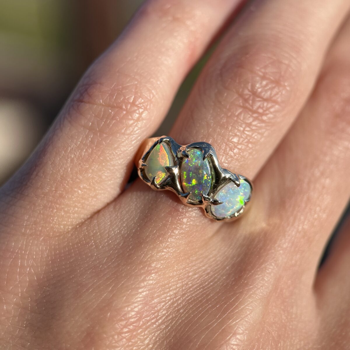 Molten gold ring with Australian Crystal and Dark Opals SZ 6.75 - Image 11