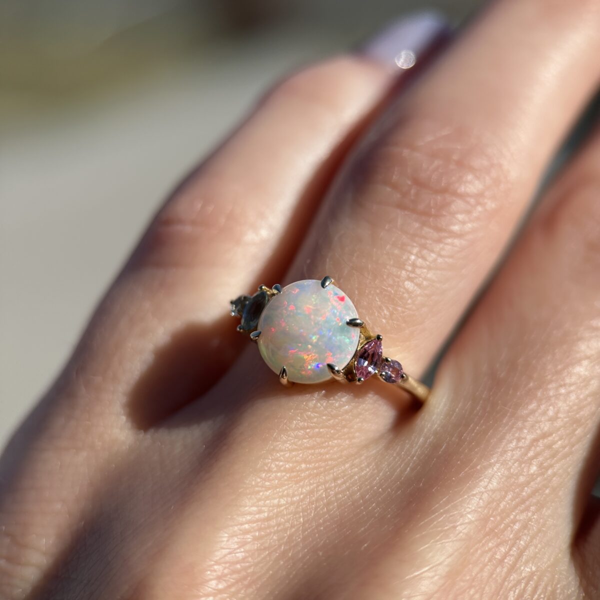 14K Yellow gold ring with Australian Crystal Opal, Pink Sapphires and Aquamarines SZ 7