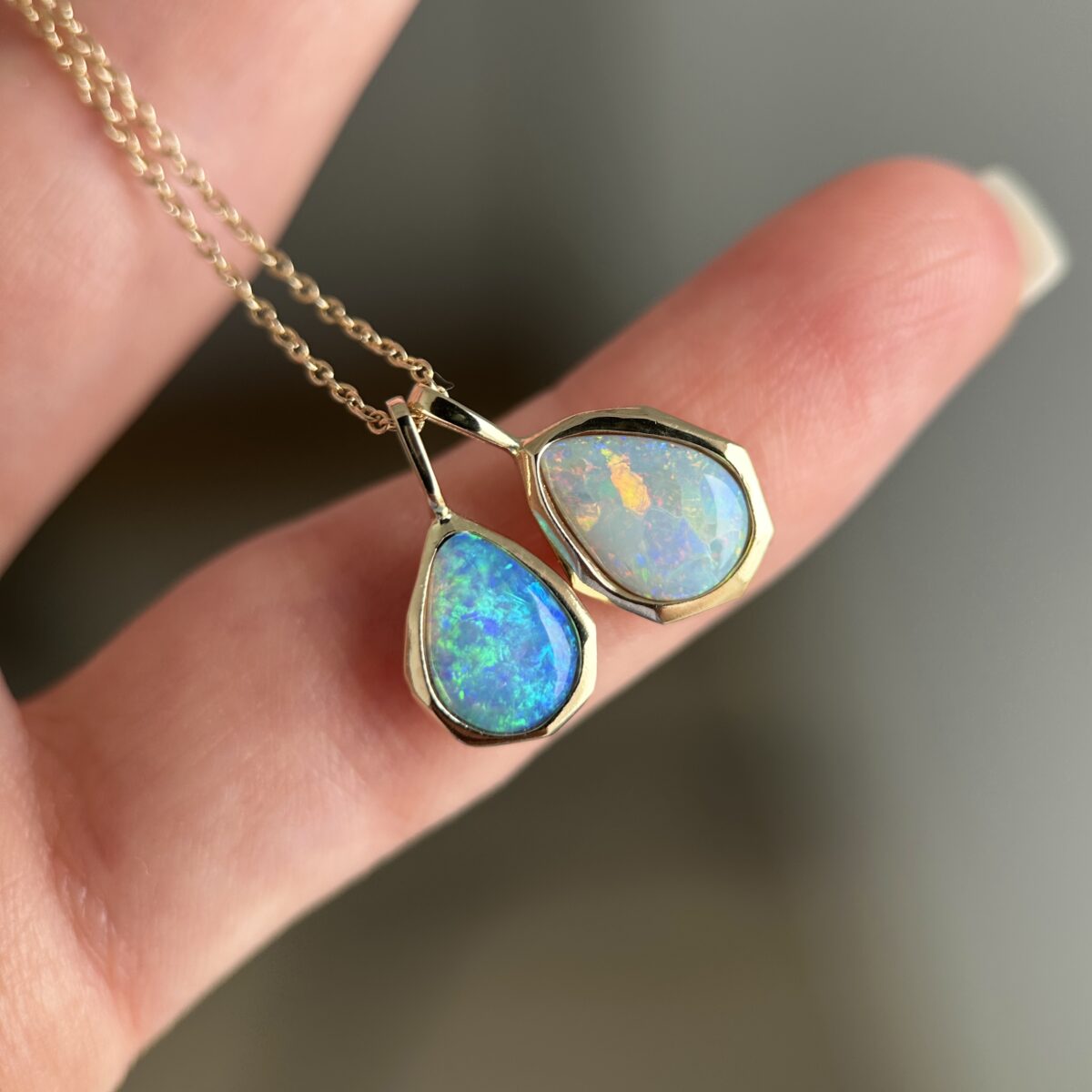 14K Yellow gold Geometric Pendants with Australian Crystal Opals - Image 9