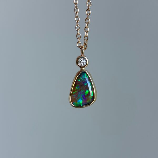 14K Yellow gold necklace with Australian Black Crystal Opal and Diamond
