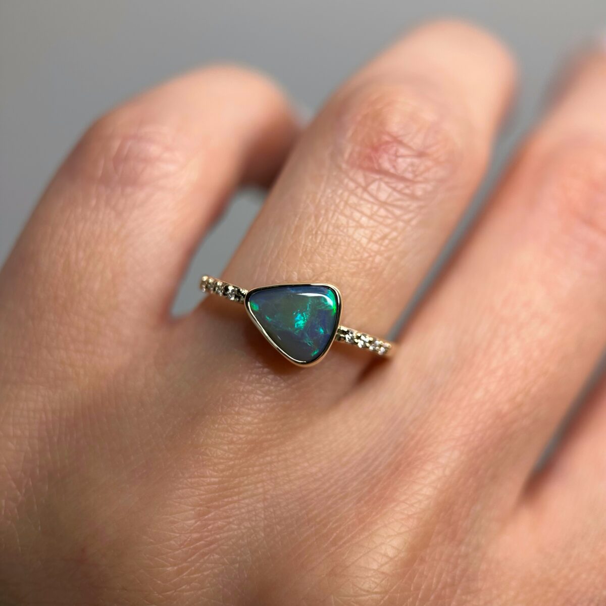 14K Yellow gold ring with Australian Black Opal and Diamonds SZ 6 - Image 9