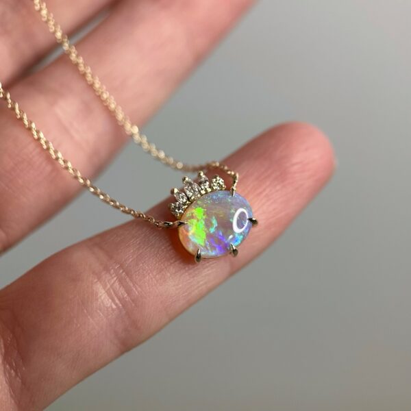 14K Yellow gold necklace with Australian Opal and Diamonds